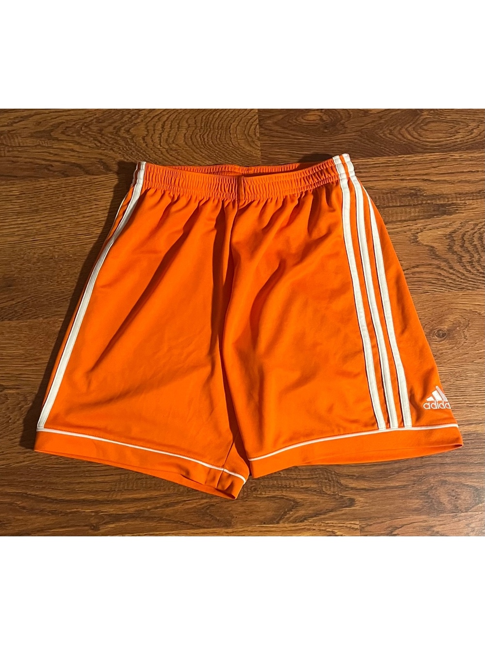 Adidas Orange Athletic Shorts with White Stripes, Size Small